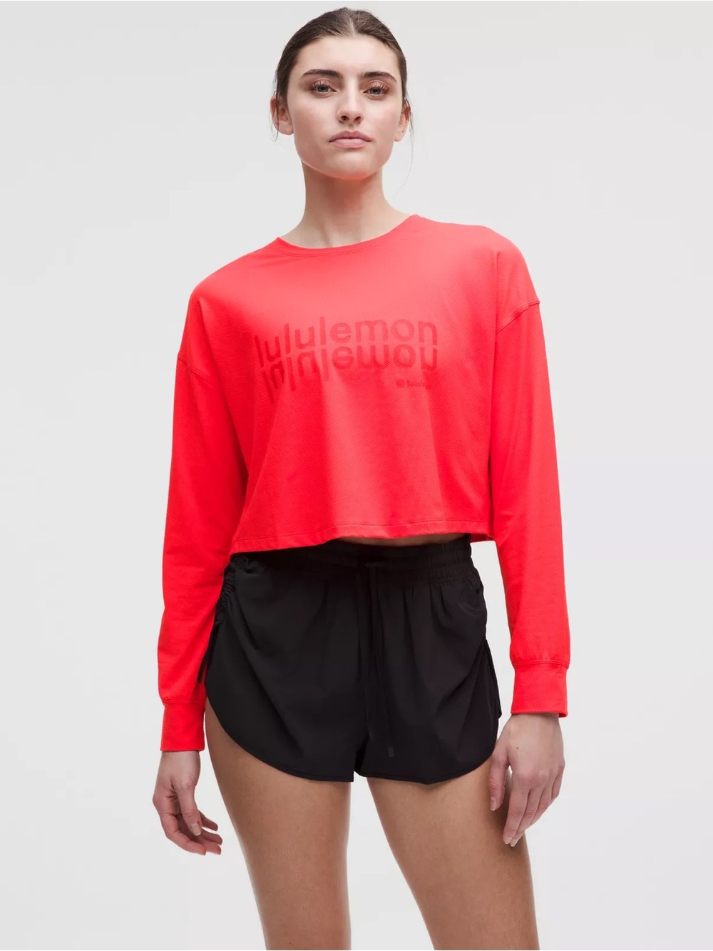 lululemon athletica Red Cropped Long-Sleeve Logo Shirt